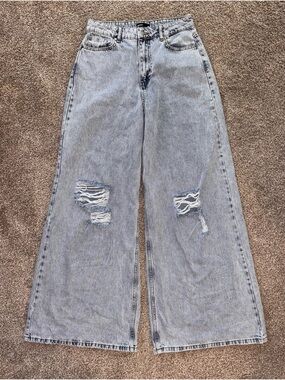 PrettyLittleThing Light Blue High-Rise Wide Leg Distressed Jeans